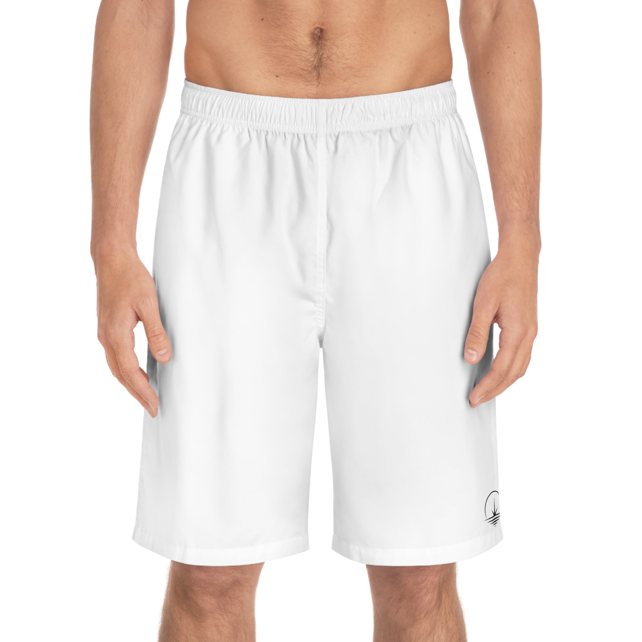Men's White Board Shorts – Minimal Surf Logo Swim Trunks